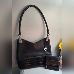 Brighton Bag And Wallet Set Black Leather Braided Handle Silver Hardware